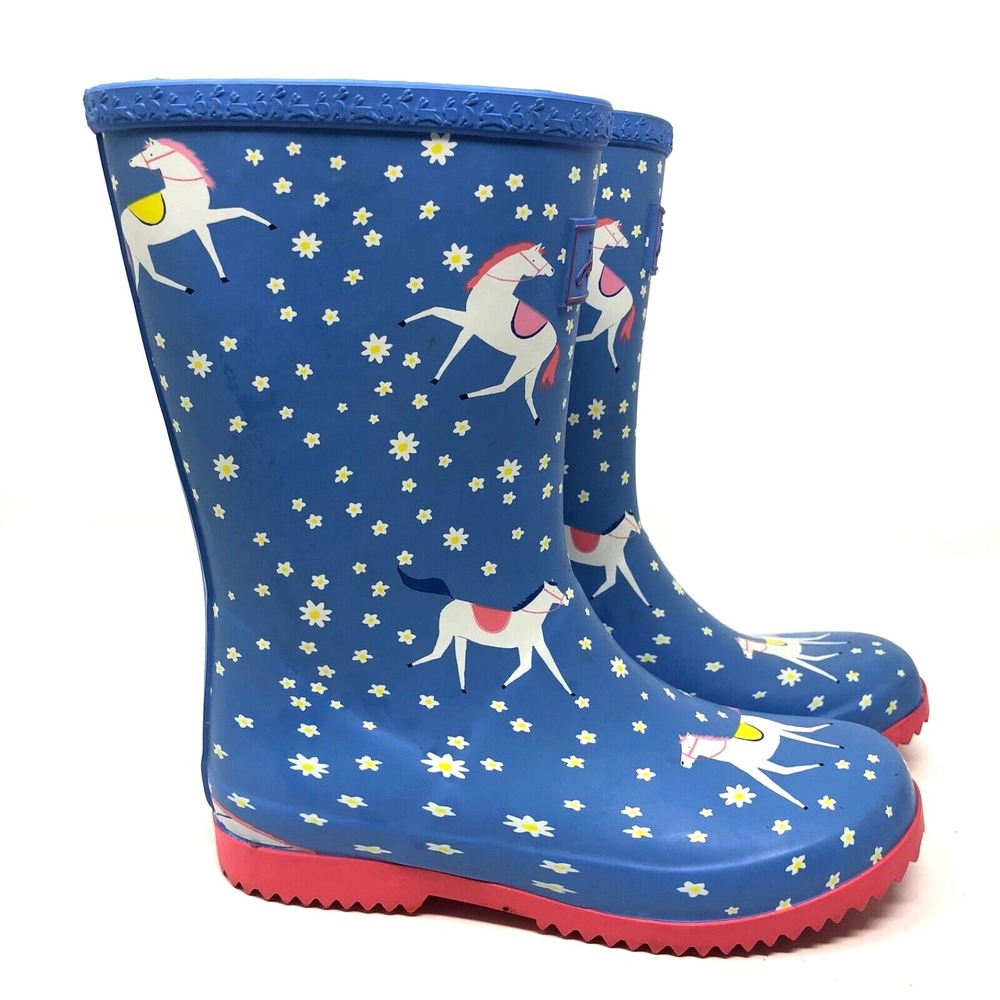 Joules Welly Rain Boots Girls 1‎ Horse Floral Blue Waterproof Outdoor Play